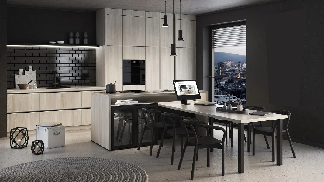 Beaucoup de rangements pour cette cuisine bois sans poignée avec cuisson et table intégrées à l'îlot